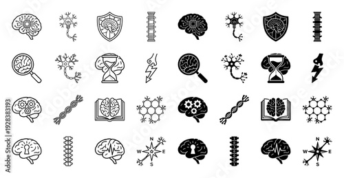 Human brain and neurobiology icon set featuring hybrid concepts like neural lightbulbs DNA helix hourglass and electronic circuit board elements