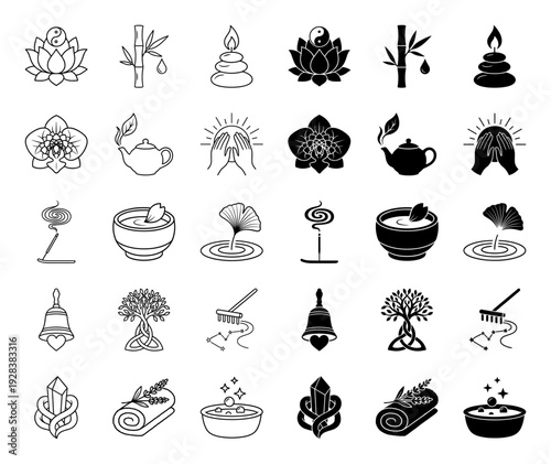 Zen hybrid wellness icon set featuring lotus yin yang bamboo dewdrop orchid mandalas and spiritual symbols in outline and solid linear style