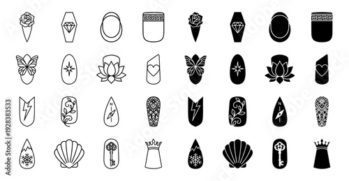 Artistic nail art icons featuring hybrid symbols like rose diamond butterfly and lotus integrated into elegant manicure shapes for salon branding