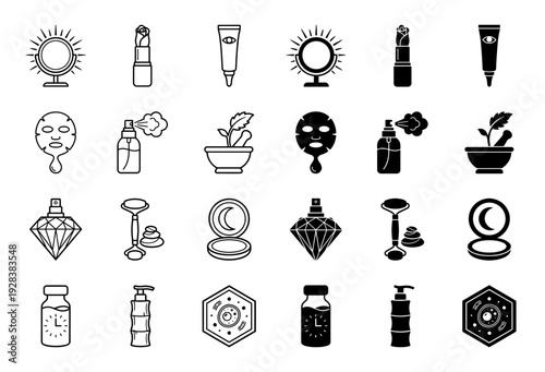 Skincare and organic beauty icon set featuring hybrid symbols merging cosmetic products with natural botanical elements and laboratory science