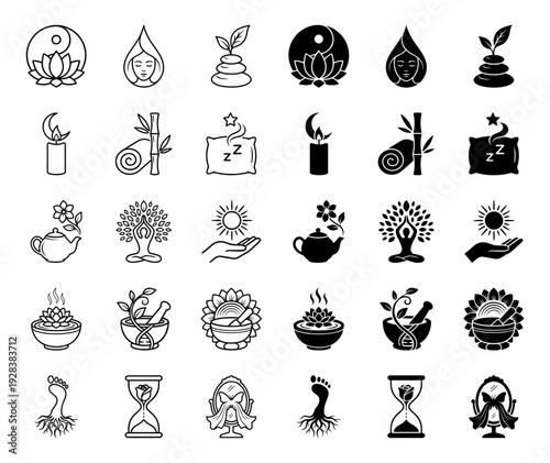 Wellness and Holistic Therapy Icon Set Featuring Hybrid Symbols Like Yin Yang Lotus Zen Stone Face and Rooted Foot in Outline and Solid Styles