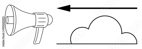 Communication concept. Communication with megaphone, cloud, and directional arrow. Communication between networks, cloud systems, and data exchange. For media, marketing IT systems