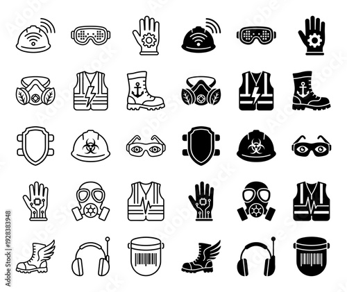Hybrid smart industrial safety equipment icons featuring integrated circuit gloves biohazard helmets and electronic tracking personal protective gear