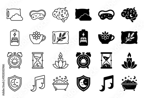 Professional sleep wellness icon set featuring hybrid designs of crescent moons with clocks musical notes and bath tubs in outline and solid styles