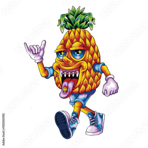 Trippy Pineapple Character with Shaka Sign and Grilling Teeth, Psychedelic Streetwear Style Vector Design. Acid Pineapple Character with Smiley Tongue and Sneakers, Psychedelic Mascot for Posters.