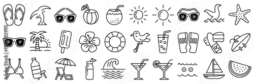 hand drawn summer symbols doodle set, holiday vacation beach sun sea icons collection for travel and leisure illustration, tropical fun elements, seasonal summer design isolated on white background.