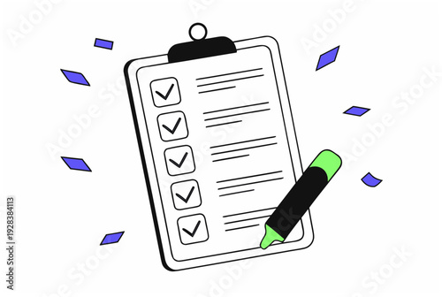 Completed checklist on clipboard with green marker. To do list successfully done. AI Agent task management concept. Vector illustration for business, productivity, plan