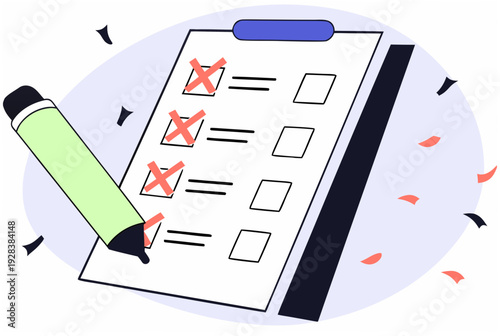 Checklist board on clipboard with red cross mark and pencil. AI agent morning after concept with task verification. Vector illustration for web, banner