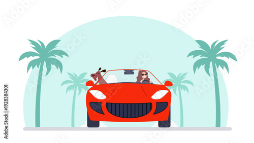 A girl with a happy dog rides in a red convertible convertible, palm trees on the edges of the road. A woman travels with her pet.
