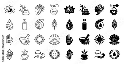 Collection of holistic wellness and spiritual icons featuring hybrid symbols like a lotus yin yang and gemstone moon in line and solid styles