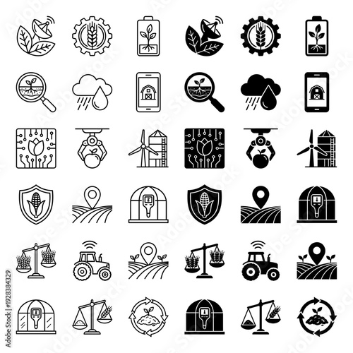 Smart farming and precision agriculture hybrid icon set featuring integrated technology symbols like soil sensors digital barn and robotic harvesting