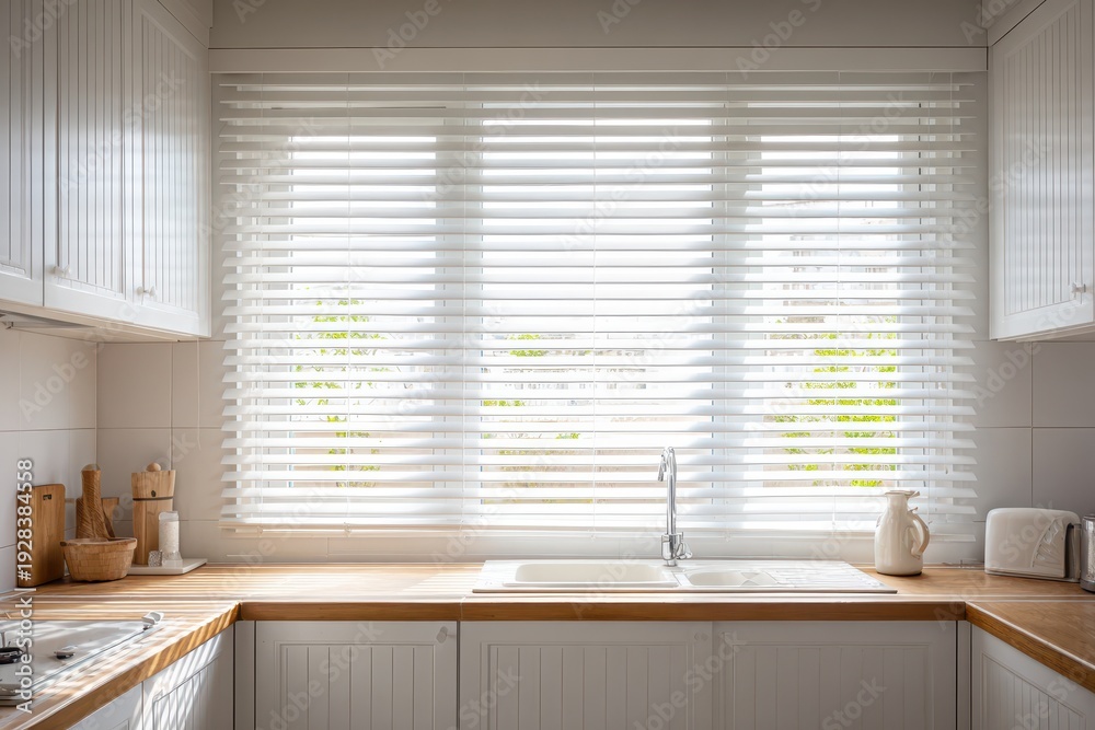 Fototapeta premium Minimalist kitchen under white window blinds with daylight flooding the space