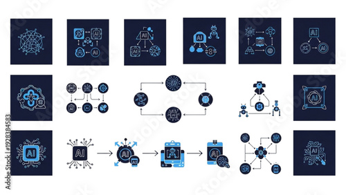 30 AI Agent Workflow Outline Icons, Automation Process Diagram Sheet, Intelligent Multi Agent System, Machine Learning Vector Set, Deep Navy Blue