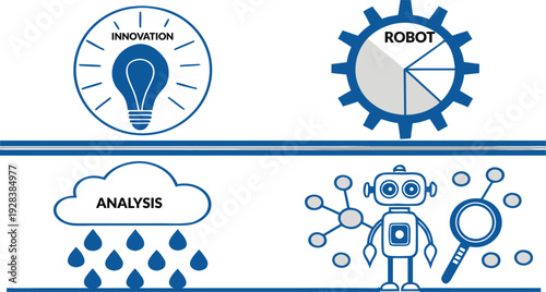 Blue icons and graphics representing innovation, robot, analysis, and technology
