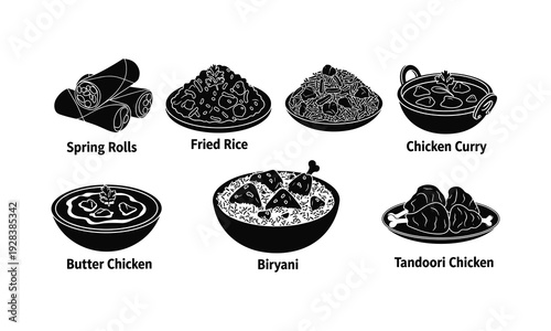 A collection of various indian and asian cuisine dishes in black and white