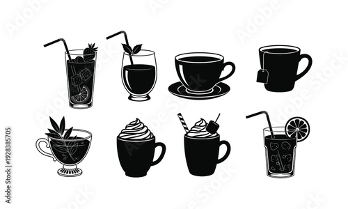 A collection of various hot and cold beverage illustrations in black
