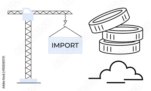 Global trade, importexport, logistics, shipping, finance, economy. Crane lifting container labeled Import, coins monetary transactions and decorative cloud. Global trade and logistics concept