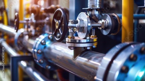 Close-up of industrial piping with valves and fittings. The scene showcases metallic pipes, valves, and machinery in a factory setting.