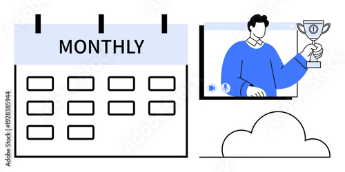 Monthly calendar alongside a digital screen featuring a person holding a trophy, representing achievement, scheduling, motivation, productivity. Ideal for time management, goal setting, planning