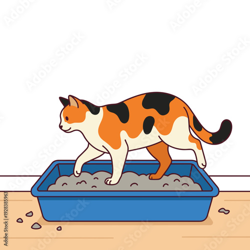 Calico cat stepping into blue litter box on wooden floor flat illustration concept of pet hygiene and domestic care routine