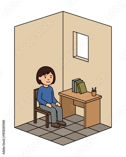Sad school child sitting alone in classroom corner near desk and books flat illustration concept of loneliness and bullying at school