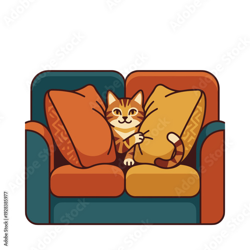 Smiling ginger cat squeezed between colorful couch cushions flat cartoon illustration concept of funny pet comfort and relaxation