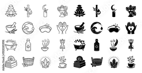 Wellness and holistic spa icon set featuring hybrid conceptual symbols for meditation massage aromatherapy and spiritual healing in outline and solid styles