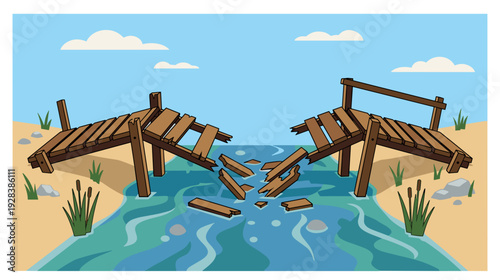 Broken wooden footbridge collapsed across shallow river in rural landscape flat illustration concept of destruction and infrastructure failure