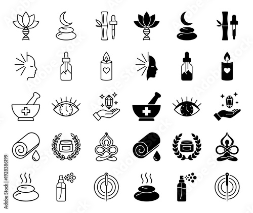Wellness and Holistic Therapy Icon Set Featuring Hybrid Symbols Merging Lotus with DNA Spirals and Infinity Poses with Zen Meditation Figures
