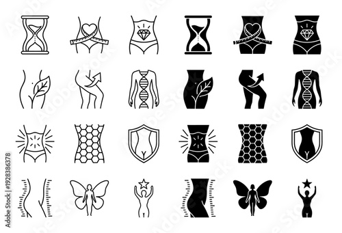 Professional icon set featuring body contouring and slimming metaphors merging female silhouettes with hourglass diamond butterfly and dna symbols