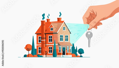 Hand holding key to beautiful home with modern design