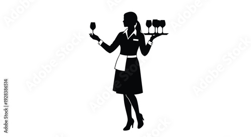 A server holding wine glasses on a tray black silhouette