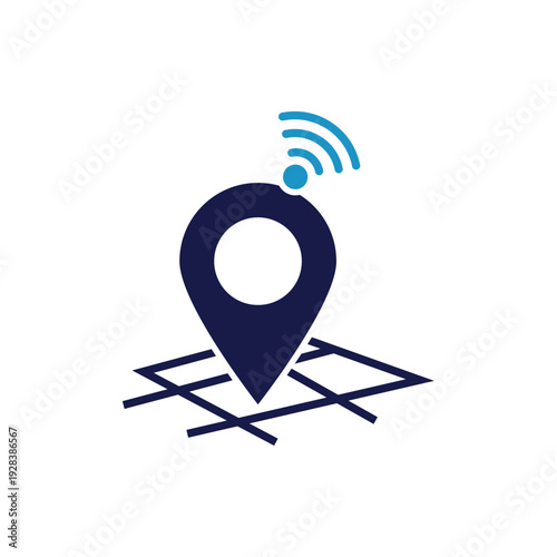 Location pin with Navigation symbol  and wifi signal vector illustration, flat design