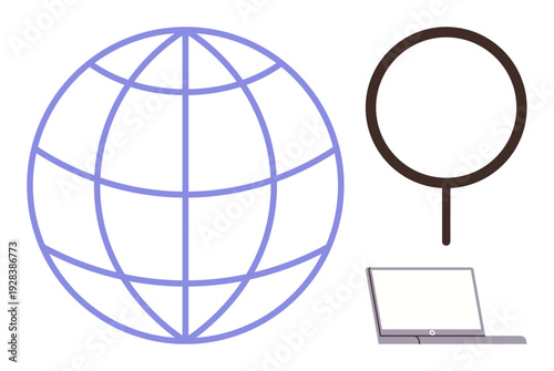 Global connectivity, online research, data analysis, digital communication, technology access, information exploration. Globe, magnifying glass laptop. Concept of global connectivity and online