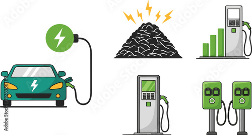 Electric Vehicle Charging Station and Green Energy Concepts Illustration, Flat Vector Icon Set