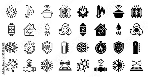 Professional icon set featuring hybrid thermal energy and climate control symbols merging industrial mechanical elements with domestic heating and cooling concepts
