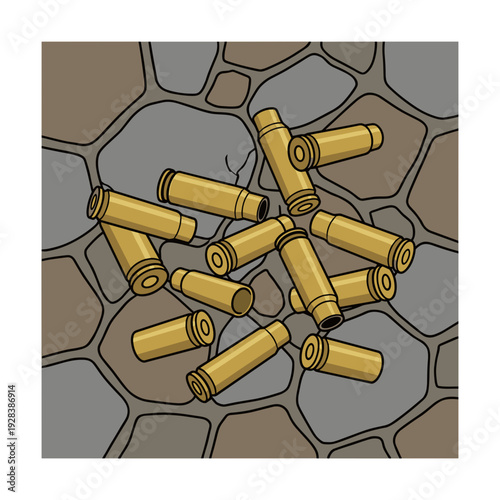 Scattered empty bullet casings on stone pavement close up flat illustration concept of crime scene and violence aftermath