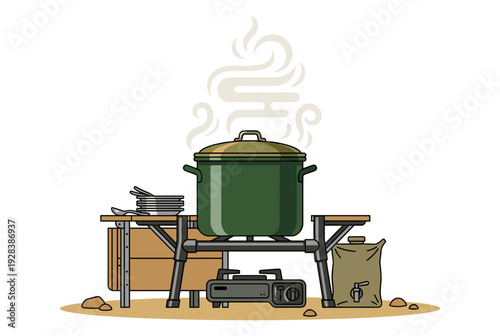 Outdoor field kitchen with large boiling pot on portable stove flat illustration concept of camp cooking and military catering