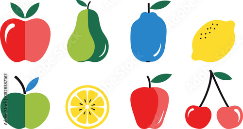 Set of Fresh Organic Fruits Icons with Apple Pear Lemon and Cherry, Isolated Flat Illustration