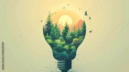 Forest scene inside a lightbulb, with a rising sun, birds silhouetted against a pale sky