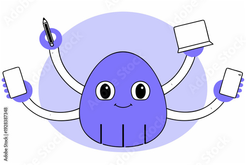 Cute ai agent, the task crusher monster with many hands holding gadgets. Multitasking artificial intelligence, efficiency concept. Vector illustration for banner, website