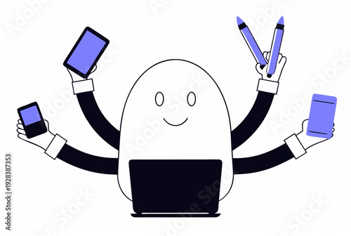 Ai agent with multiple arms using laptop, tablet, phone, and pens. The task crusher concept. Flat vector illustration for business