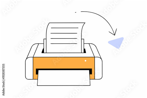 Printer printing document paper process with arrow pointing to play symbol. Ai agent task crusher concept. Vector illustration