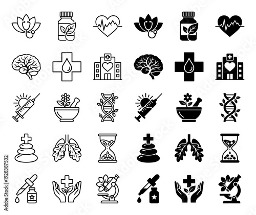 Collection of hybrid medical and holistic health icons merging traditional medicine symbols with natural elements like leaves lotus flowers and DNA strands