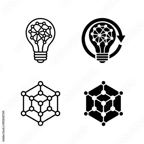 Abstract light bulb and geometric hexagon icon set featuring neural network nodes and connectivity symbols for innovation and logical thinking