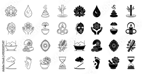 Wellness and holistic therapy icons featuring hybrid symbols like lotus buddha infinity candle and zen stone tower in outline and solid black style