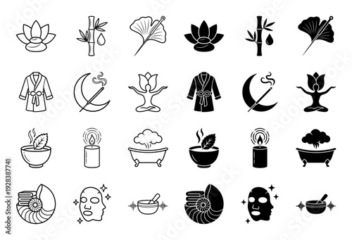 Wellness and holistic spa icons featuring hybrid symbols of lotus stone bamboo drop and zen meditation figures in outline and solid styles