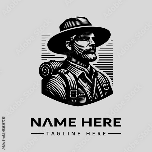 Black and white vintage engraving of a man in a hat with a backpack, viewed in profile against a striped background with space for a name and tagline.