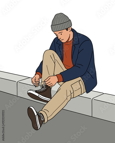 Young man sitting on sidewalk tying shoelace flat illustration concept of everyday life routine and urban lifestyle