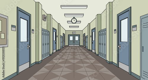Quiet school hallway with closed classroom doors flat illustration concept of education building interior and empty corridor